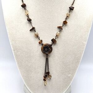 VINTAGE Avon KR Tiger's Eye Medallion Beaded Lariat Necklace